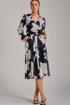Jolie Moi Occasion Dresses|Floral Dresses-Long Sleeve Printed Mesh Midi Dress, Navy Floral