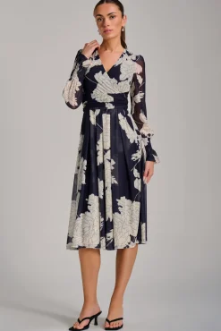 Jolie Moi Occasion Dresses|Floral Dresses-Long Sleeve Printed Mesh Midi Dress, Navy Floral
