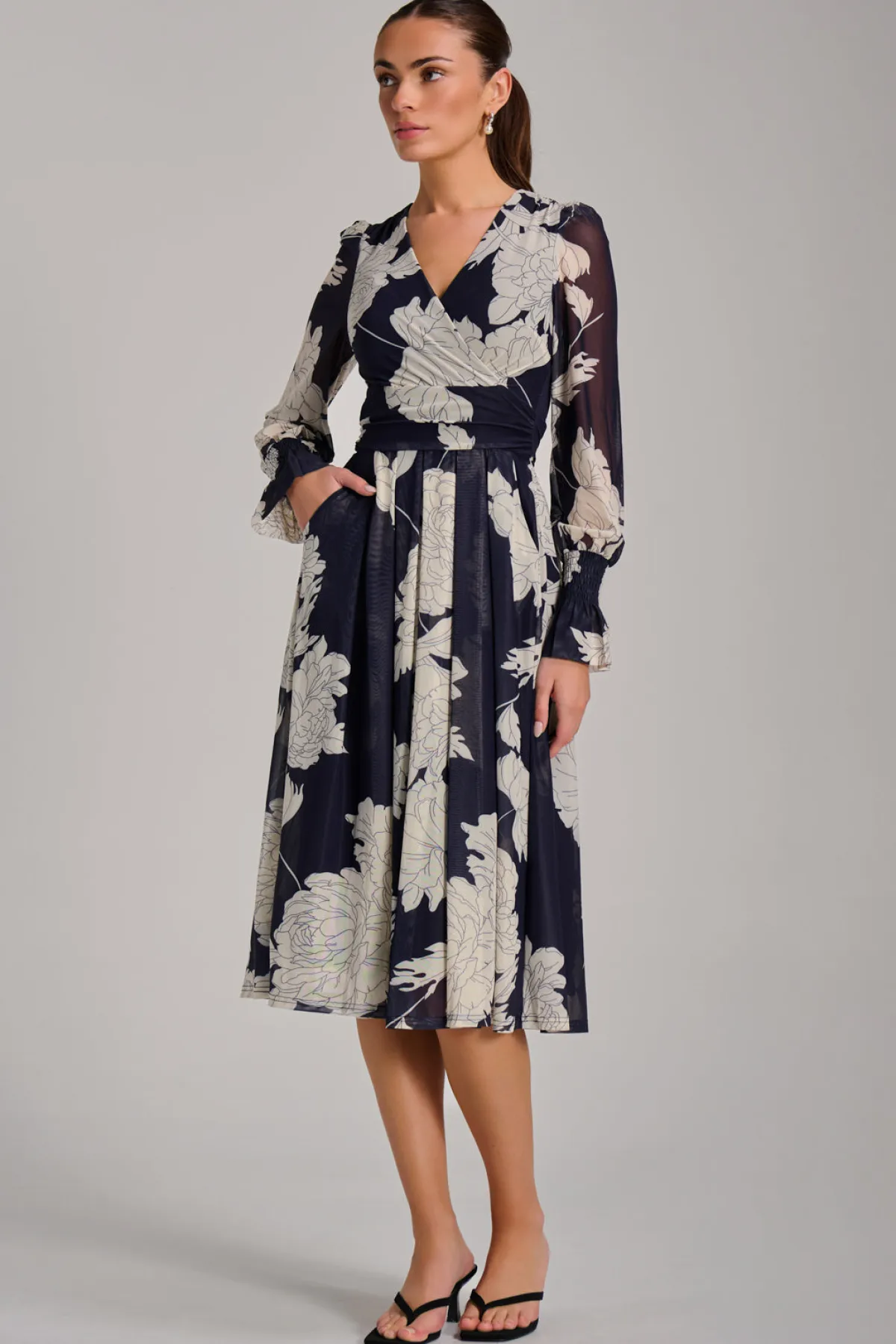 Jolie Moi Occasion Dresses|Floral Dresses-Long Sleeve Printed Mesh Midi Dress, Navy Floral