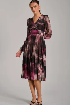 Jolie Moi Occasion Dresses|Mesh Dresses-Long Sleeve Printed Mesh Midi Dress, Pink Abstract