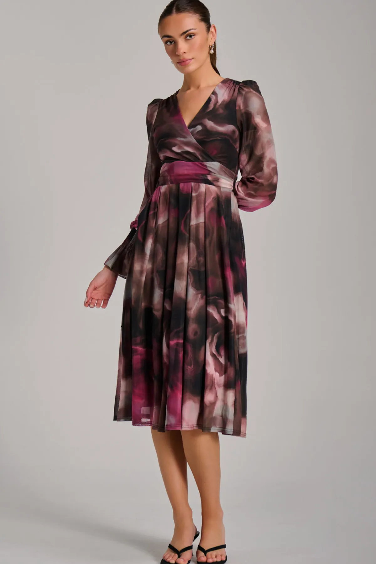 Jolie Moi Occasion Dresses|Mesh Dresses-Long Sleeve Printed Mesh Midi Dress, Pink Abstract
