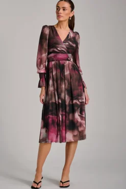 Jolie Moi Occasion Dresses|Mesh Dresses-Long Sleeve Printed Mesh Midi Dress, Pink Abstract