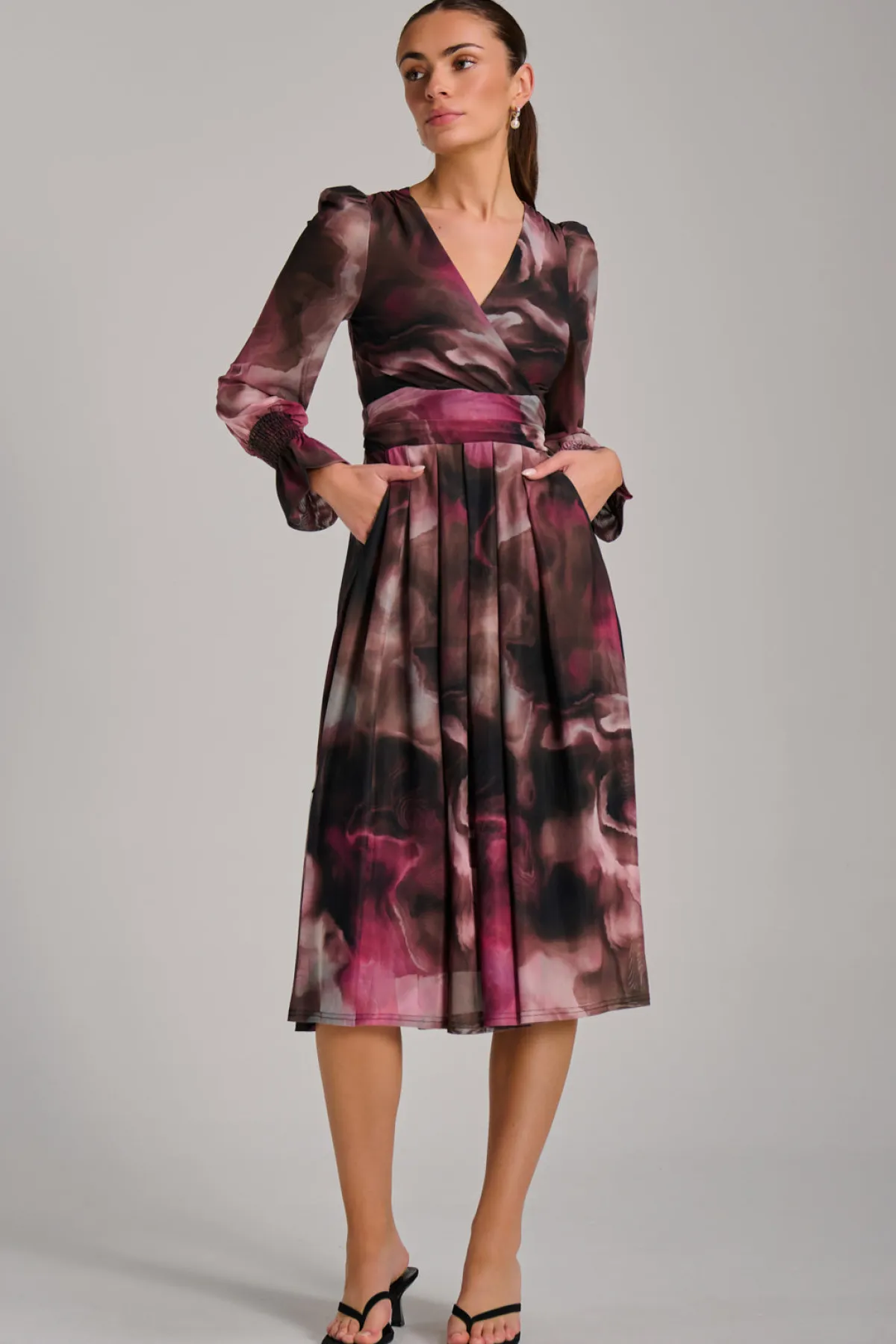 Jolie Moi Occasion Dresses|Mesh Dresses-Long Sleeve Printed Mesh Midi Dress, Pink Abstract
