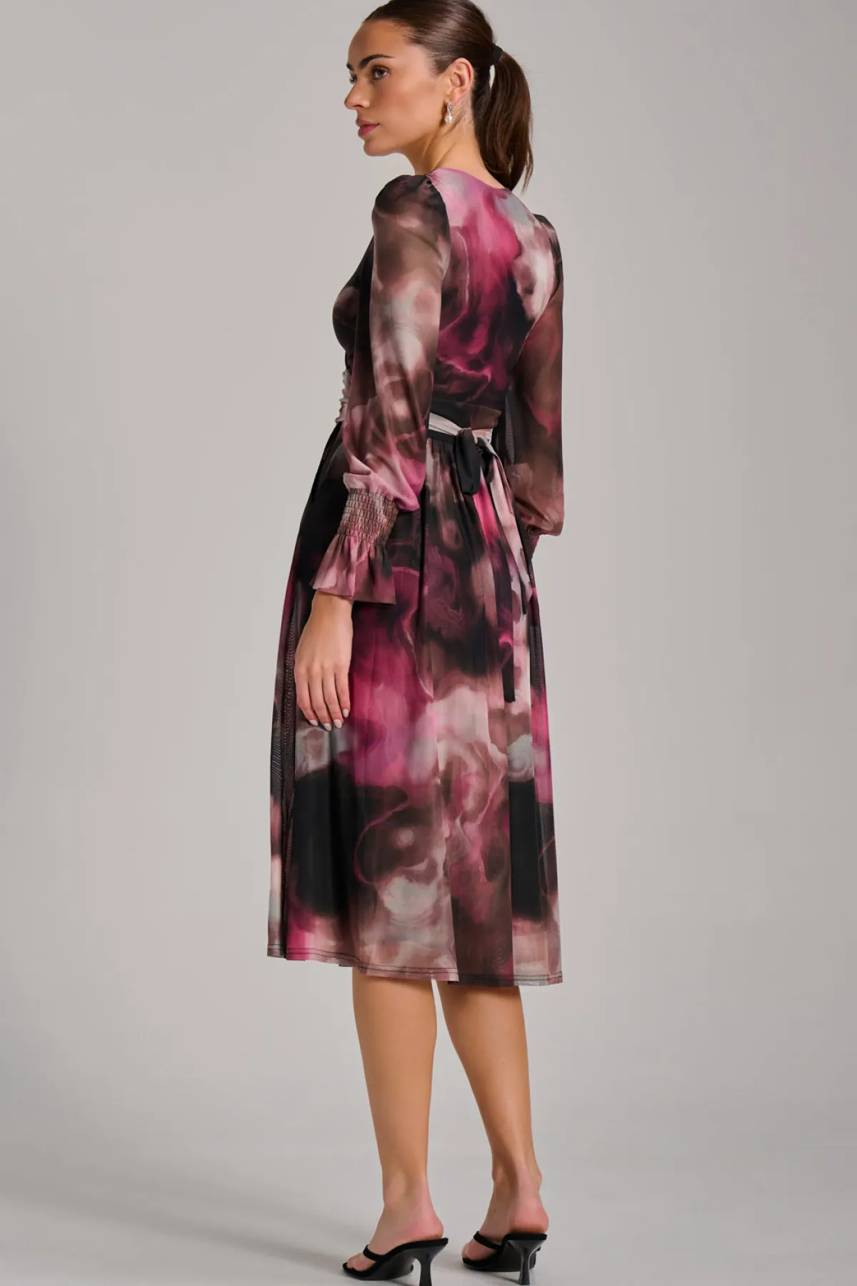 Jolie Moi Occasion Dresses|Mesh Dresses-Long Sleeve Printed Mesh Midi Dress, Pink Abstract