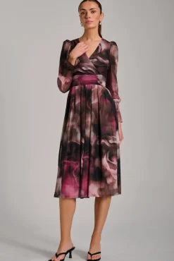 Jolie Moi Occasion Dresses|Mesh Dresses-Long Sleeve Printed Mesh Midi Dress, Pink Abstract