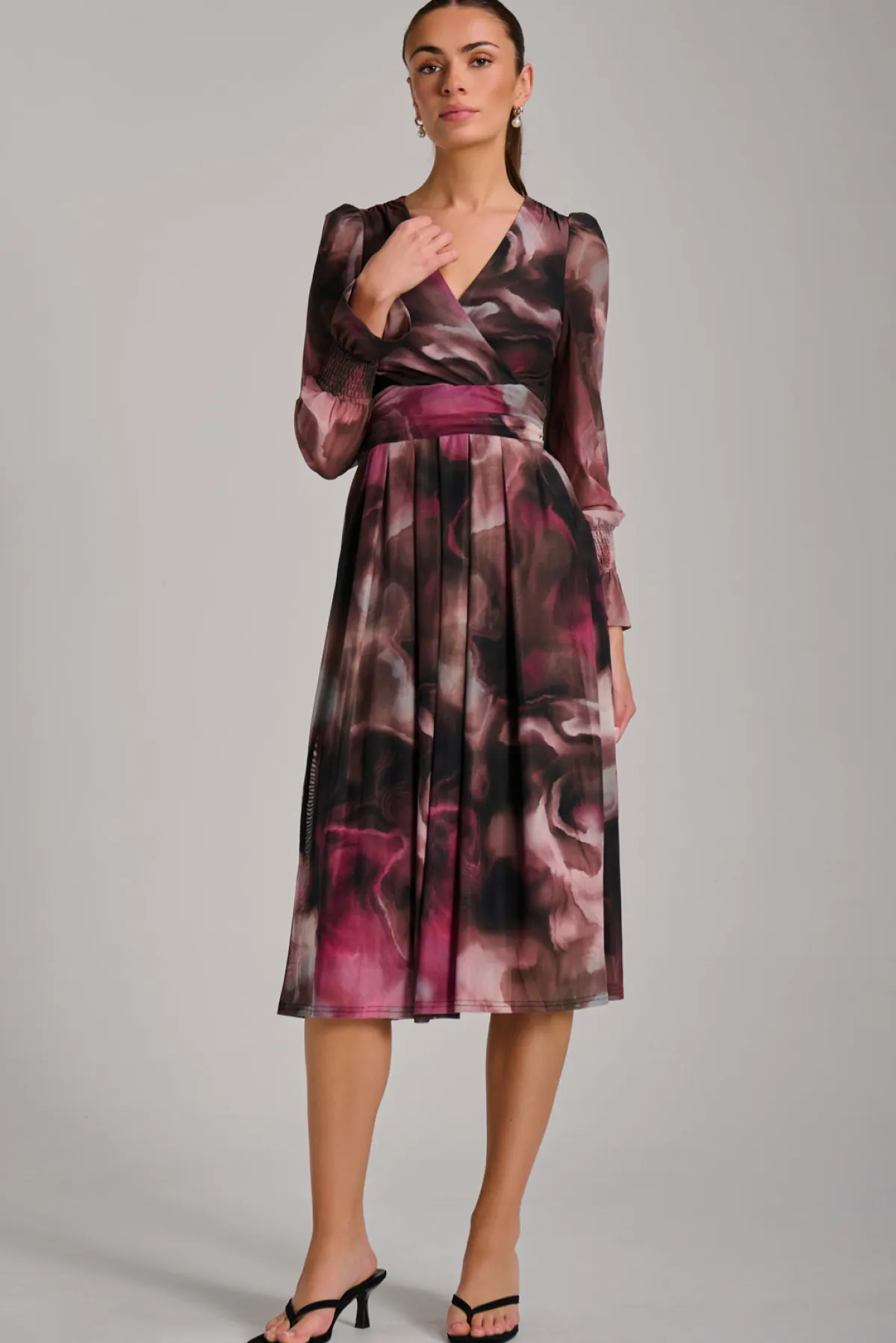 Jolie Moi Occasion Dresses|Mesh Dresses-Long Sleeve Printed Mesh Midi Dress, Pink Abstract