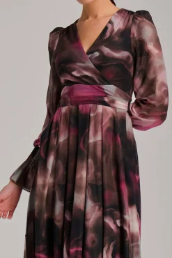 Jolie Moi Occasion Dresses|Mesh Dresses-Long Sleeve Printed Mesh Midi Dress, Pink Abstract