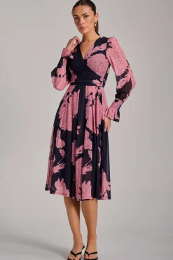Jolie Moi Occasion Dresses|Floral Dresses-Long Sleeve Printed Mesh Midi Dress, Pink Floral