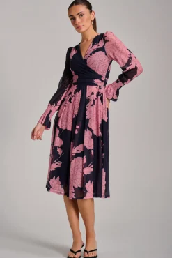Jolie Moi Occasion Dresses|Floral Dresses-Long Sleeve Printed Mesh Midi Dress, Pink Floral