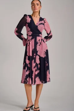 Jolie Moi Occasion Dresses|Floral Dresses-Long Sleeve Printed Mesh Midi Dress, Pink Floral