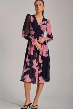 Jolie Moi Occasion Dresses|Floral Dresses-Long Sleeve Printed Mesh Midi Dress, Pink Floral
