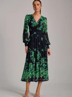 Jolie Moi Occasion Dresses|Floral Dresses-Long Sleeve Print Lace Maxi Dress, Navy Multi