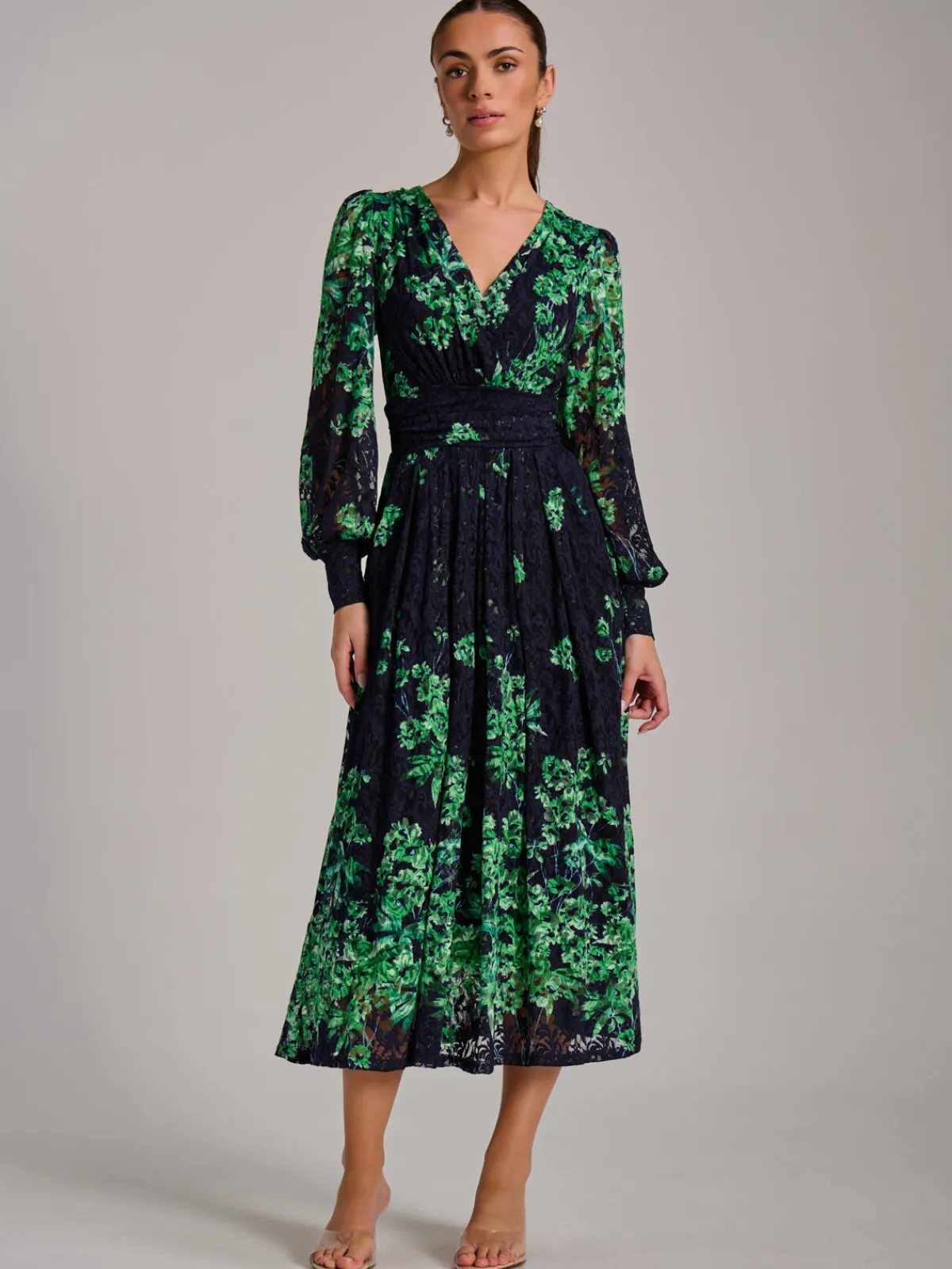 Jolie Moi Occasion Dresses|Floral Dresses-Long Sleeve Print Lace Maxi Dress, Navy Multi
