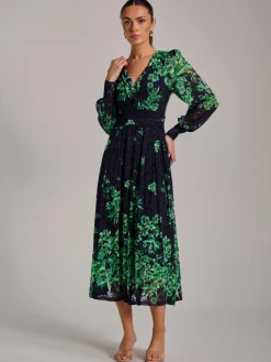 Jolie Moi Occasion Dresses|Floral Dresses-Long Sleeve Print Lace Maxi Dress, Navy Multi