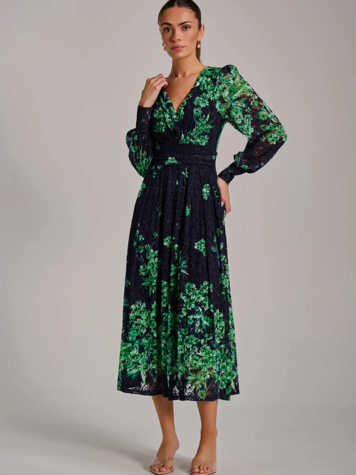 Jolie Moi Occasion Dresses|Floral Dresses-Long Sleeve Print Lace Maxi Dress, Navy Multi