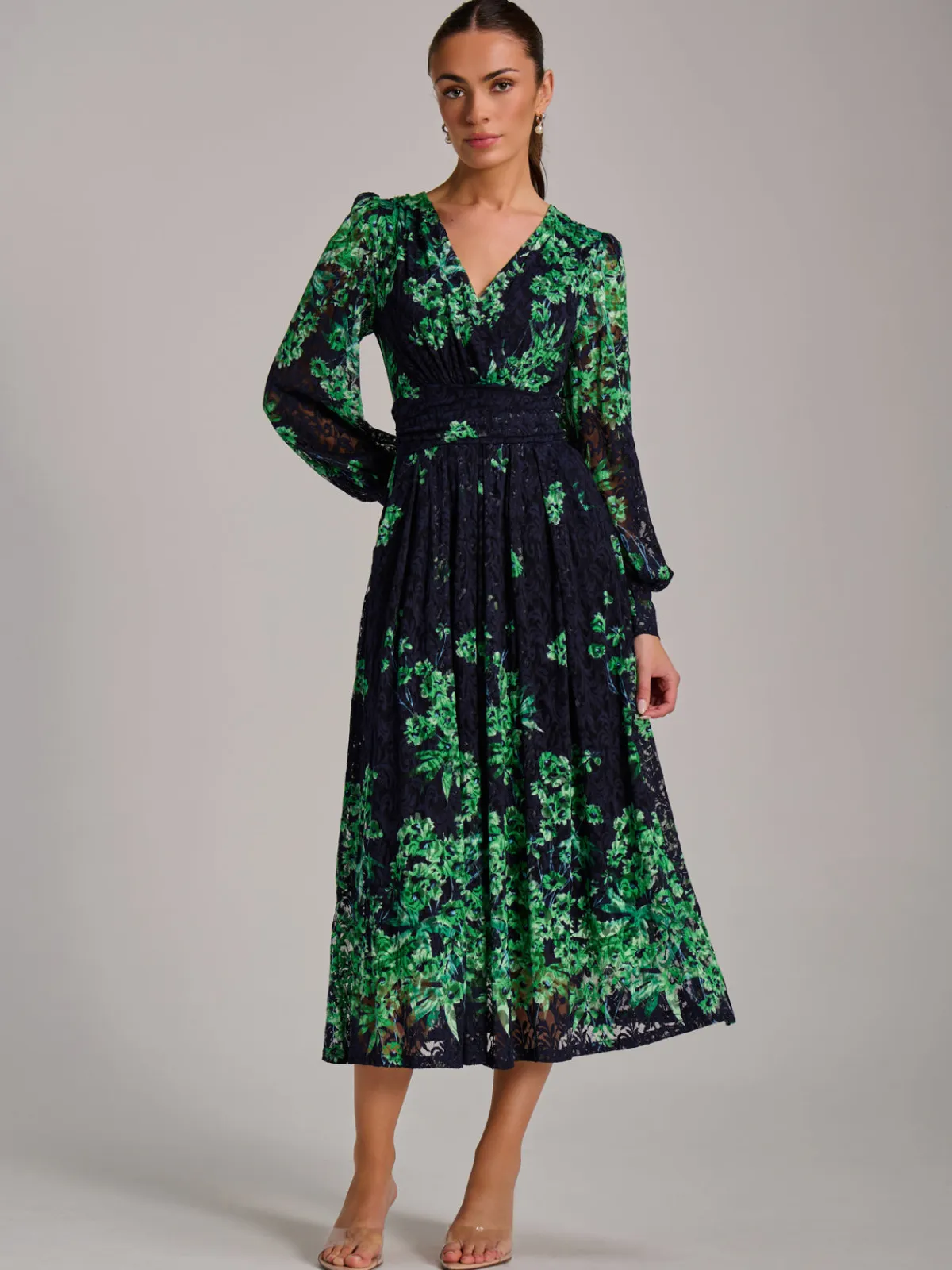 Jolie Moi Occasion Dresses|Floral Dresses-Long Sleeve Print Lace Maxi Dress, Navy Multi
