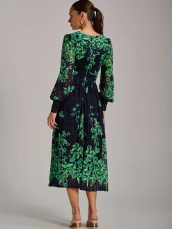 Jolie Moi Occasion Dresses|Floral Dresses-Long Sleeve Print Lace Maxi Dress, Navy Multi