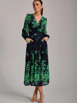 Jolie Moi Occasion Dresses|Floral Dresses-Long Sleeve Print Lace Maxi Dress, Navy Multi