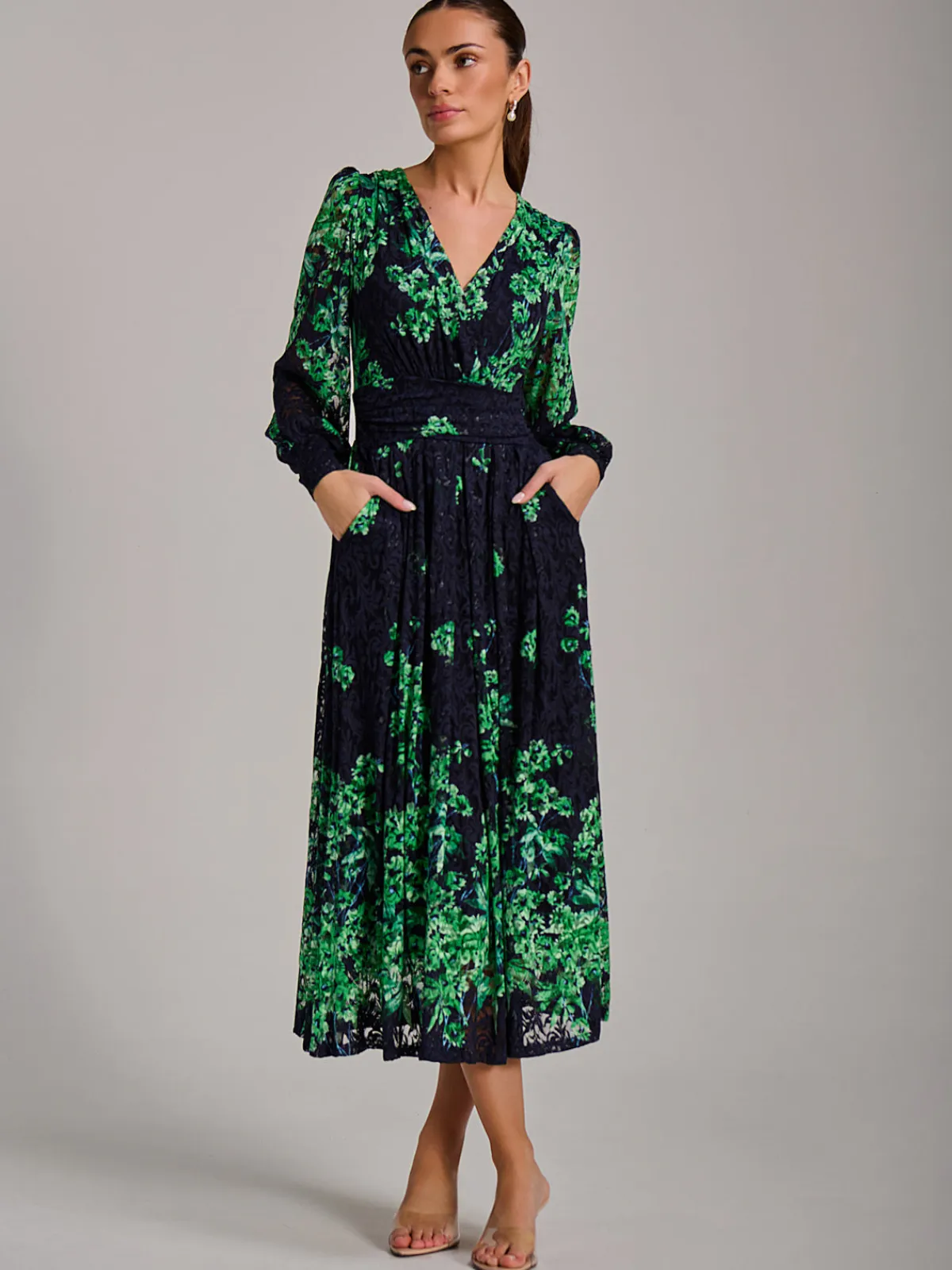 Jolie Moi Occasion Dresses|Floral Dresses-Long Sleeve Print Lace Maxi Dress, Navy Multi