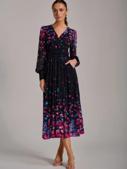 Jolie Moi Occasion Dresses|Floral Dresses-Long Sleeve Print Lace Maxi Dress, Pink Multi