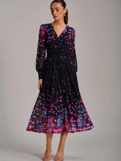 Jolie Moi Occasion Dresses|Floral Dresses-Long Sleeve Print Lace Maxi Dress, Pink Multi