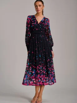 Jolie Moi Occasion Dresses|Floral Dresses-Long Sleeve Print Lace Maxi Dress, Pink Multi