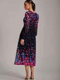 Jolie Moi Occasion Dresses|Floral Dresses-Long Sleeve Print Lace Maxi Dress, Pink Multi