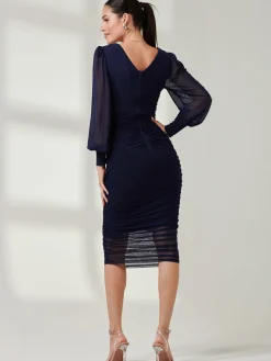Jolie Moi Occasion Dresses|Mesh Dresses-Long Sleeve Ruched Mesh Midi Dress, Navy