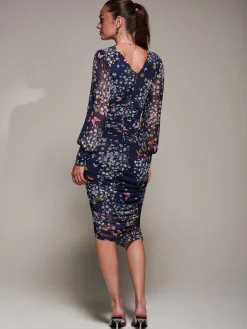 Jolie Moi Occasion Dresses|Floral Dresses-Long Sleeve Ruched Mesh Midi Dress, Navy Floral
