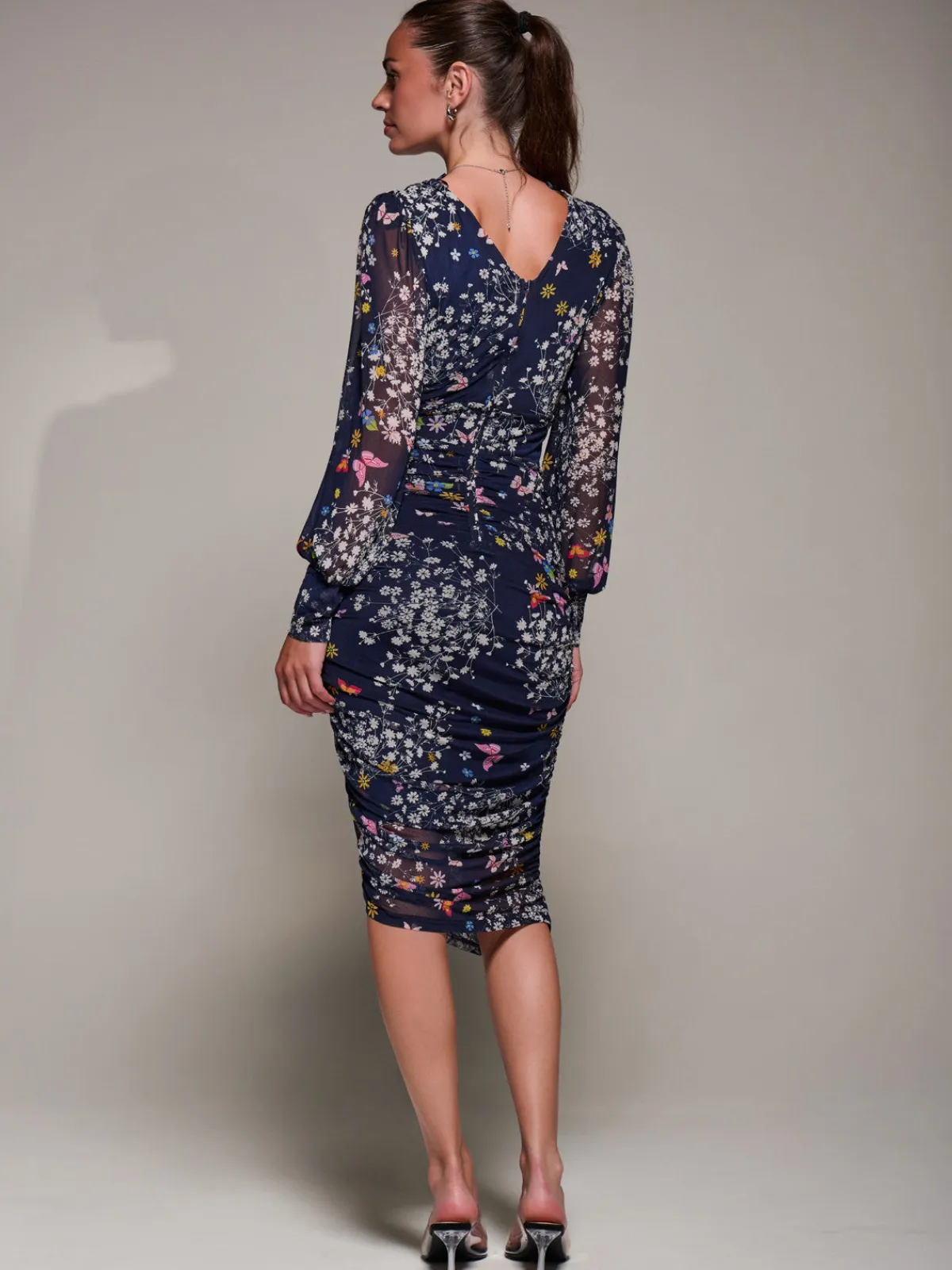 Jolie Moi Occasion Dresses|Floral Dresses-Long Sleeve Ruched Mesh Midi Dress, Navy Floral