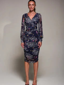 Jolie Moi Occasion Dresses|Floral Dresses-Long Sleeve Ruched Mesh Midi Dress, Navy Floral