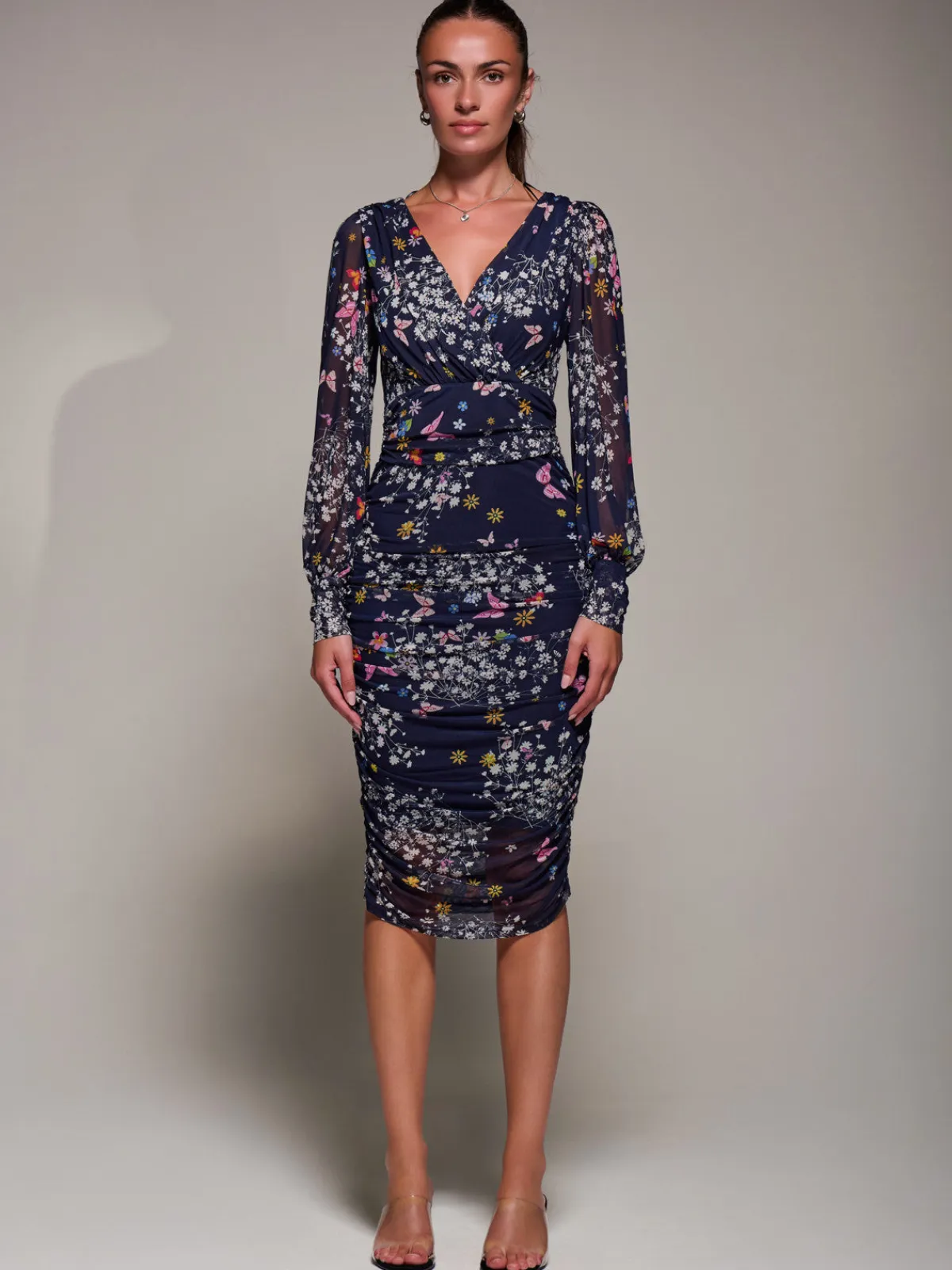 Jolie Moi Occasion Dresses|Floral Dresses-Long Sleeve Ruched Mesh Midi Dress, Navy Floral