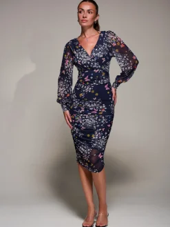 Jolie Moi Occasion Dresses|Floral Dresses-Long Sleeve Ruched Mesh Midi Dress, Navy Floral