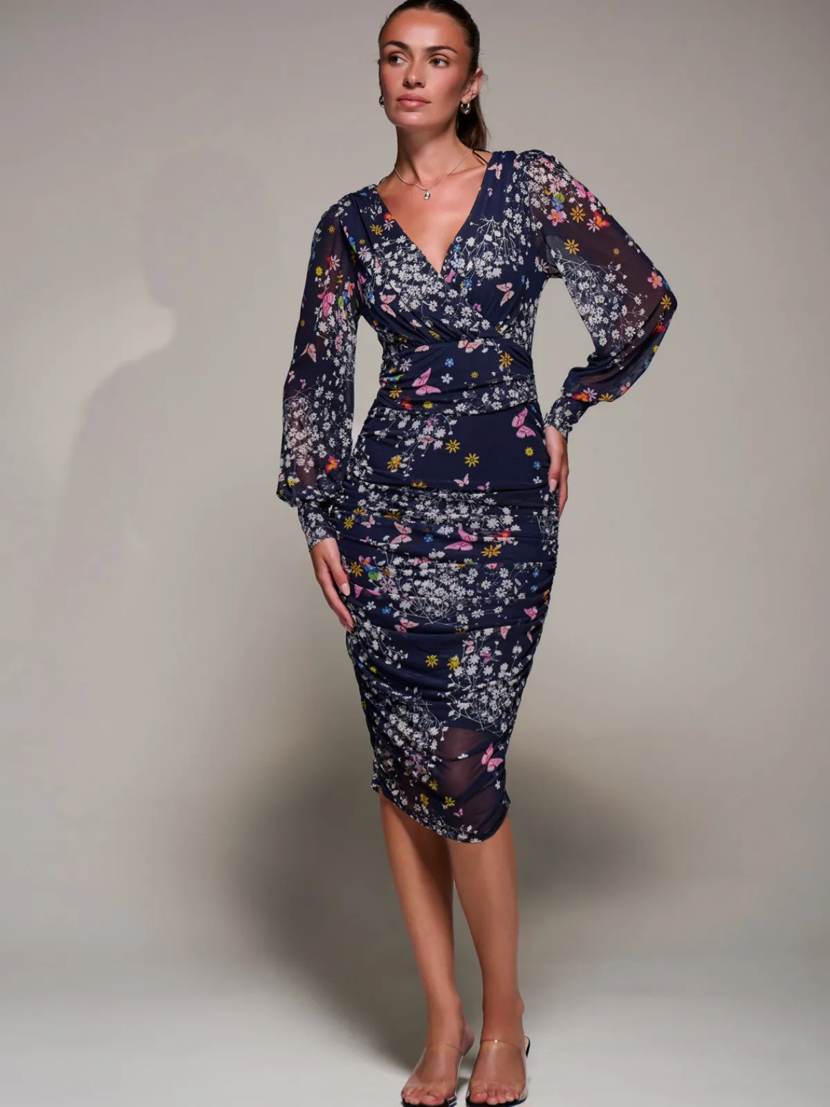 Jolie Moi Occasion Dresses|Floral Dresses-Long Sleeve Ruched Mesh Midi Dress, Navy Floral