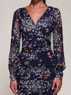 Jolie Moi Occasion Dresses|Floral Dresses-Long Sleeve Ruched Mesh Midi Dress, Navy Floral