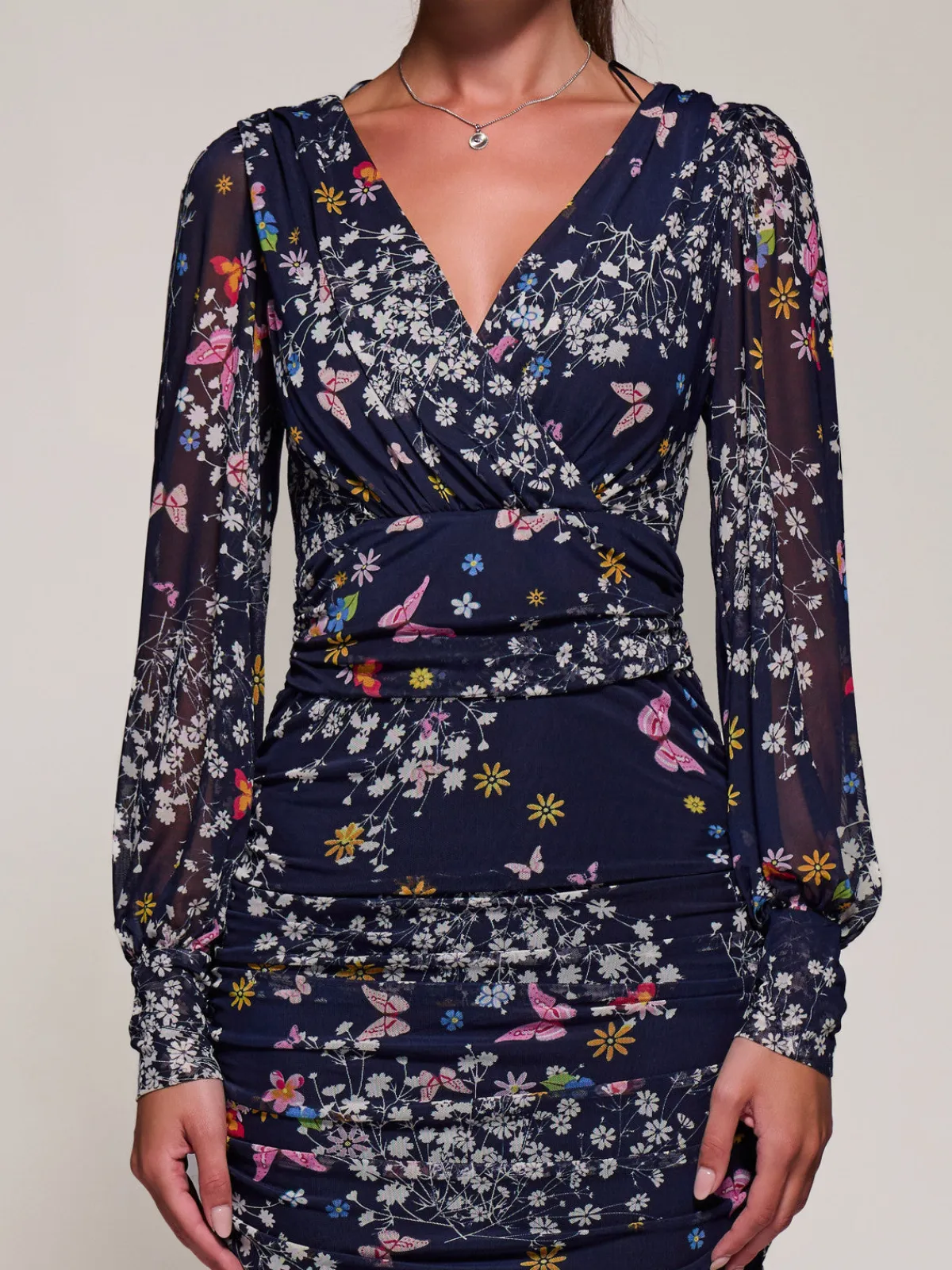 Jolie Moi Occasion Dresses|Floral Dresses-Long Sleeve Ruched Mesh Midi Dress, Navy Floral