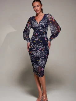 Jolie Moi Occasion Dresses|Floral Dresses-Long Sleeve Ruched Mesh Midi Dress, Navy Floral