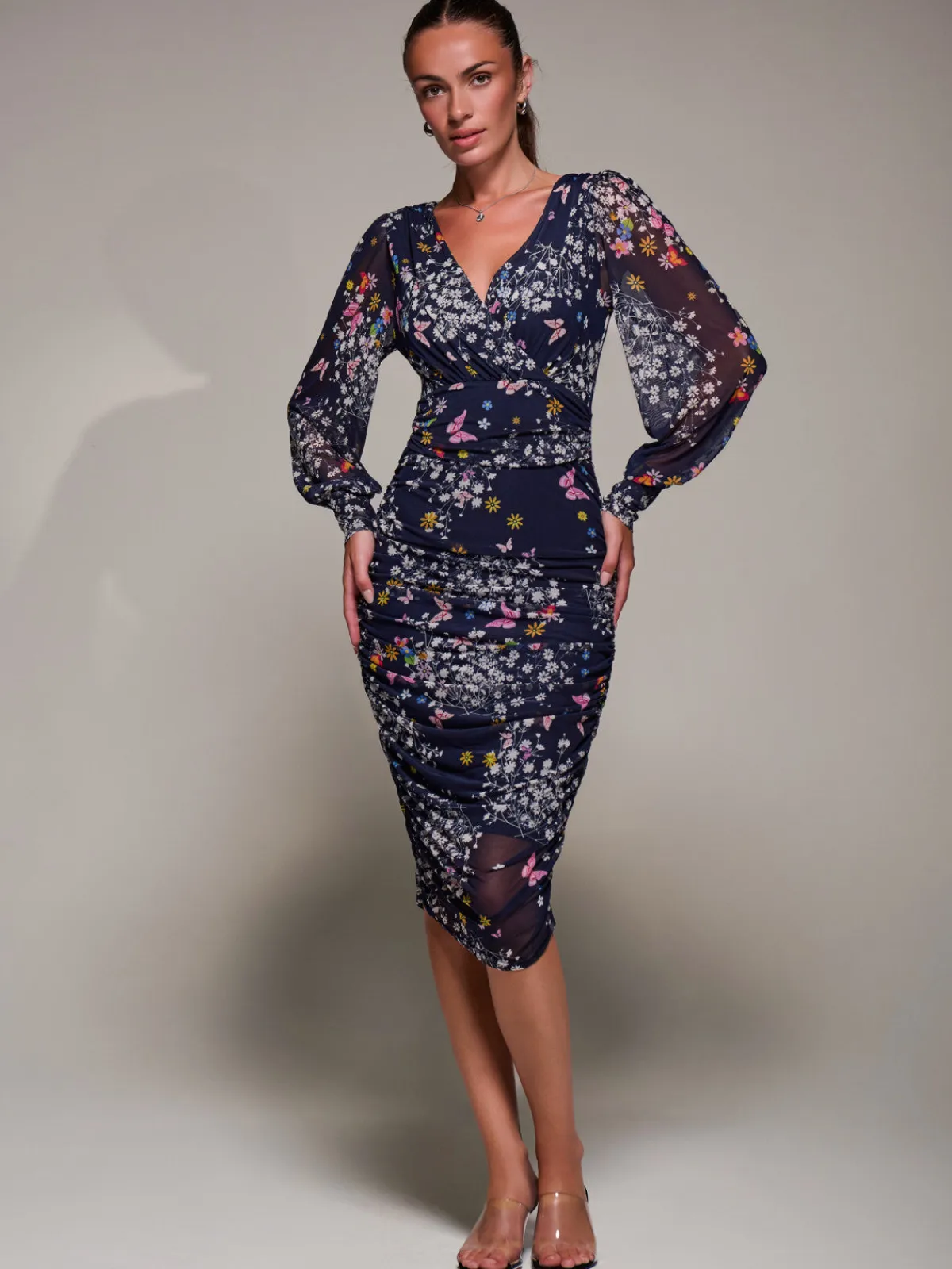 Jolie Moi Occasion Dresses|Floral Dresses-Long Sleeve Ruched Mesh Midi Dress, Navy Floral