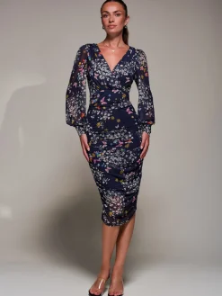 Jolie Moi Occasion Dresses|Floral Dresses-Long Sleeve Ruched Mesh Midi Dress, Navy Floral