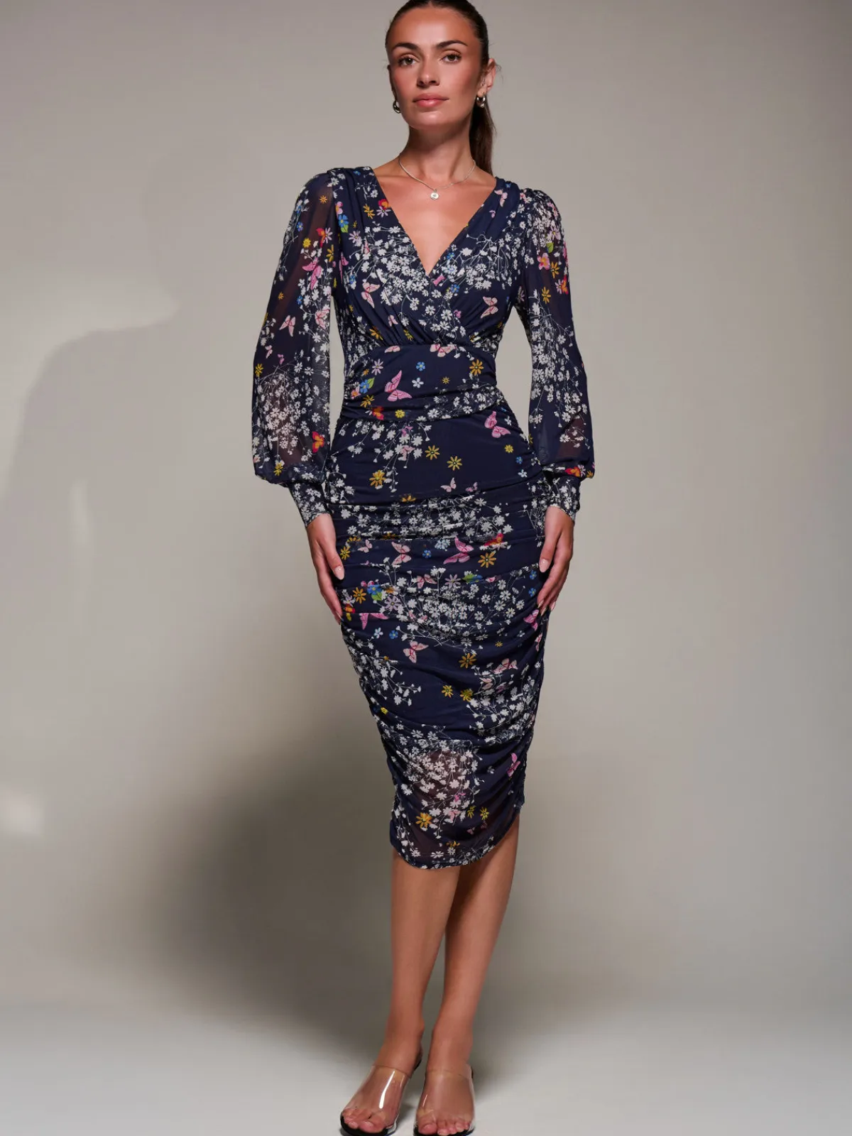 Jolie Moi Occasion Dresses|Floral Dresses-Long Sleeve Ruched Mesh Midi Dress, Navy Floral