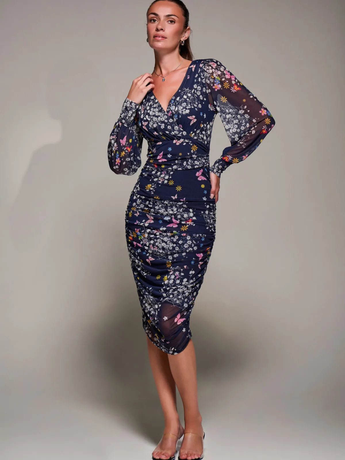 Jolie Moi Occasion Dresses|Floral Dresses-Long Sleeve Ruched Mesh Midi Dress, Navy Floral