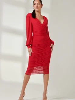 Jolie Moi Occasion Dresses|Mesh Dresses-Long Sleeve Ruched Mesh Midi Dress, Red