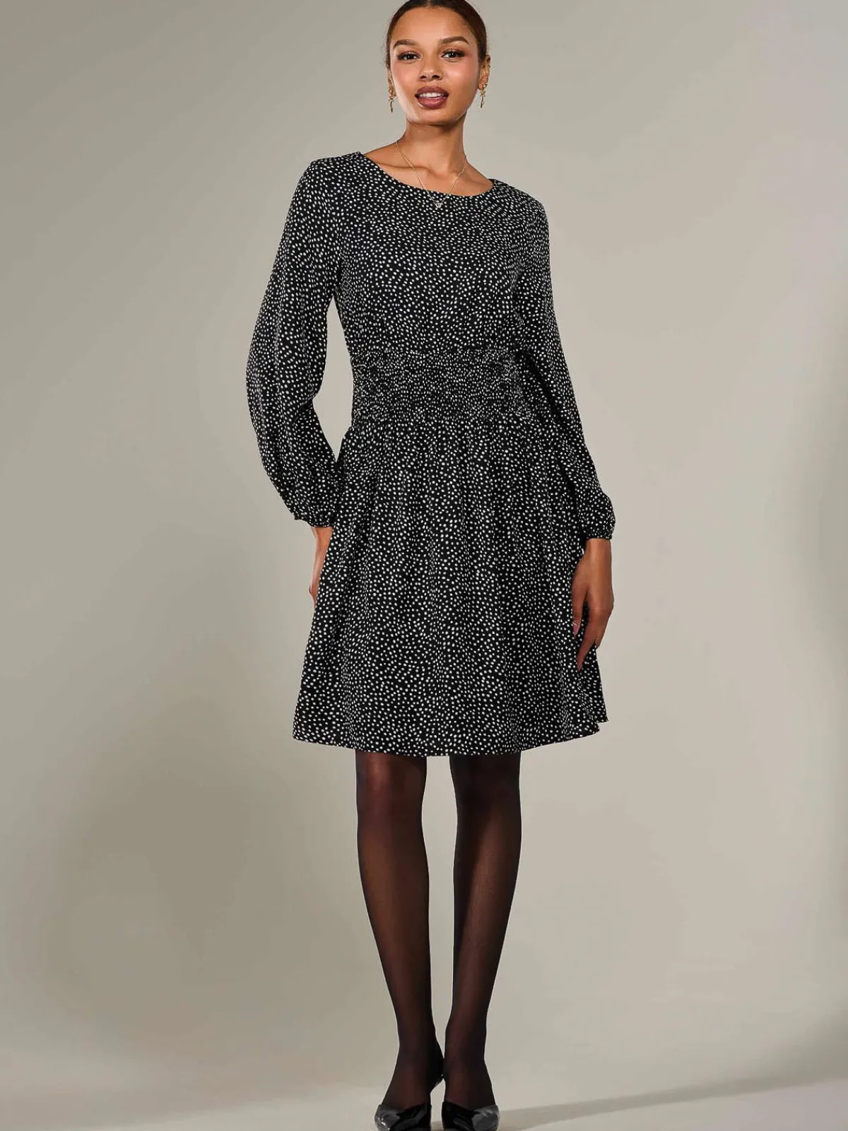Jolie Moi Office Wear|Midi Dresses-Long Sleeve Ruched Waist Midi Dress, Black Polka