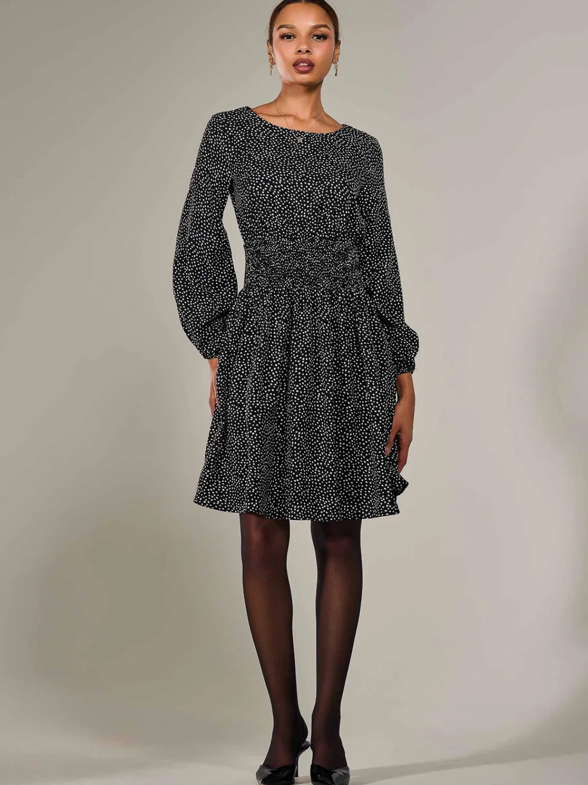 Jolie Moi Office Wear|Midi Dresses-Long Sleeve Ruched Waist Midi Dress, Black Polka
