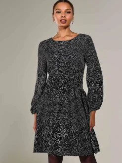 Jolie Moi Office Wear|Midi Dresses-Long Sleeve Ruched Waist Midi Dress, Black Polka