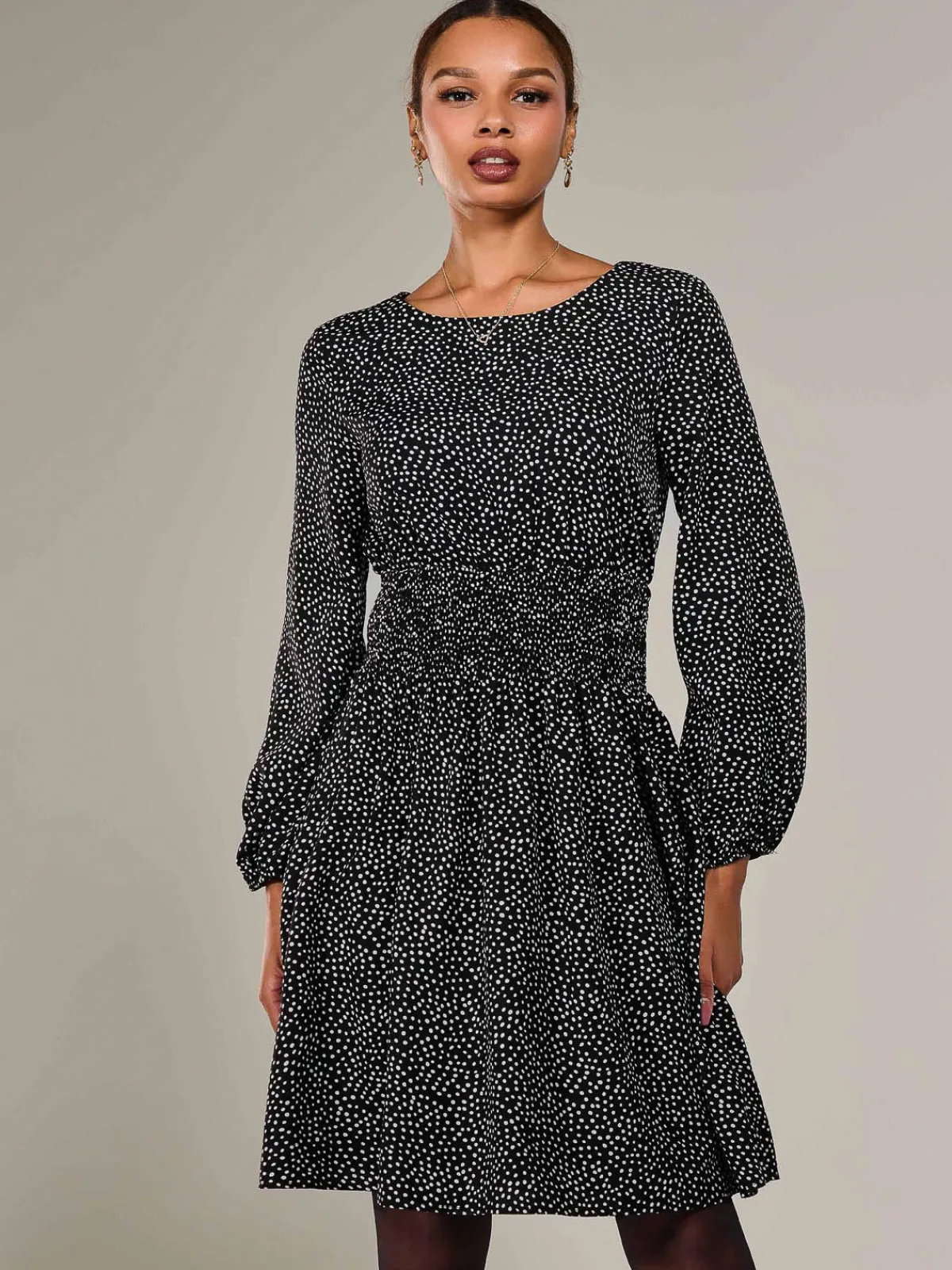 Jolie Moi Office Wear|Midi Dresses-Long Sleeve Ruched Waist Midi Dress, Black Polka