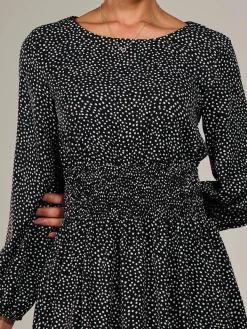 Jolie Moi Office Wear|Midi Dresses-Long Sleeve Ruched Waist Midi Dress, Black Polka