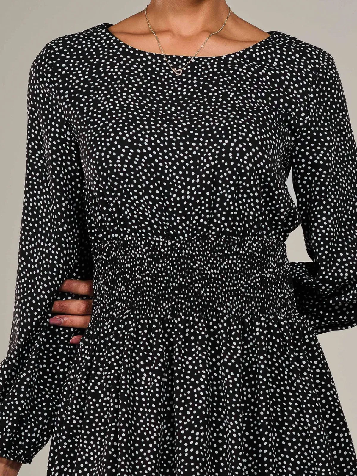 Jolie Moi Office Wear|Midi Dresses-Long Sleeve Ruched Waist Midi Dress, Black Polka