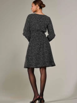 Jolie Moi Office Wear|Midi Dresses-Long Sleeve Ruched Waist Midi Dress, Black Polka