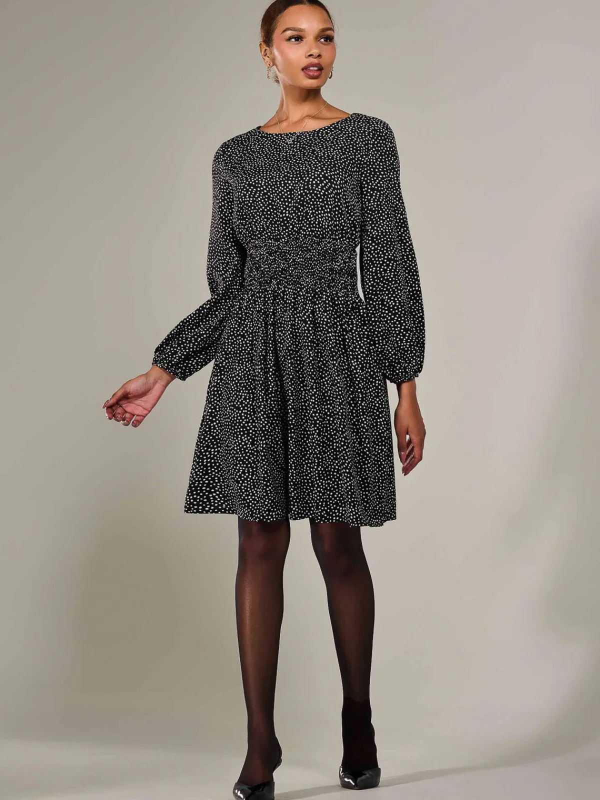 Jolie Moi Office Wear|Midi Dresses-Long Sleeve Ruched Waist Midi Dress, Black Polka